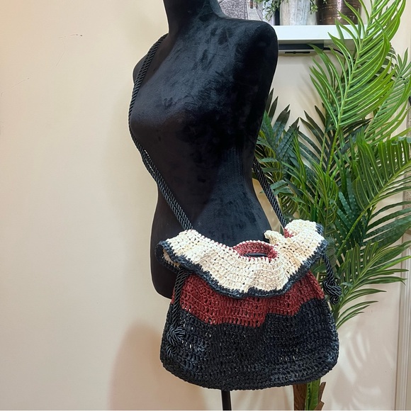 Express Woven Paper Straw Drawstring Three Toned Crossbody Bag - Picture 4 of 16